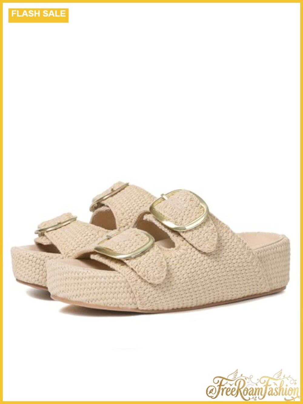 Raffia Platform Sandals Women Slides Double Buckle Open Toe Lightweight